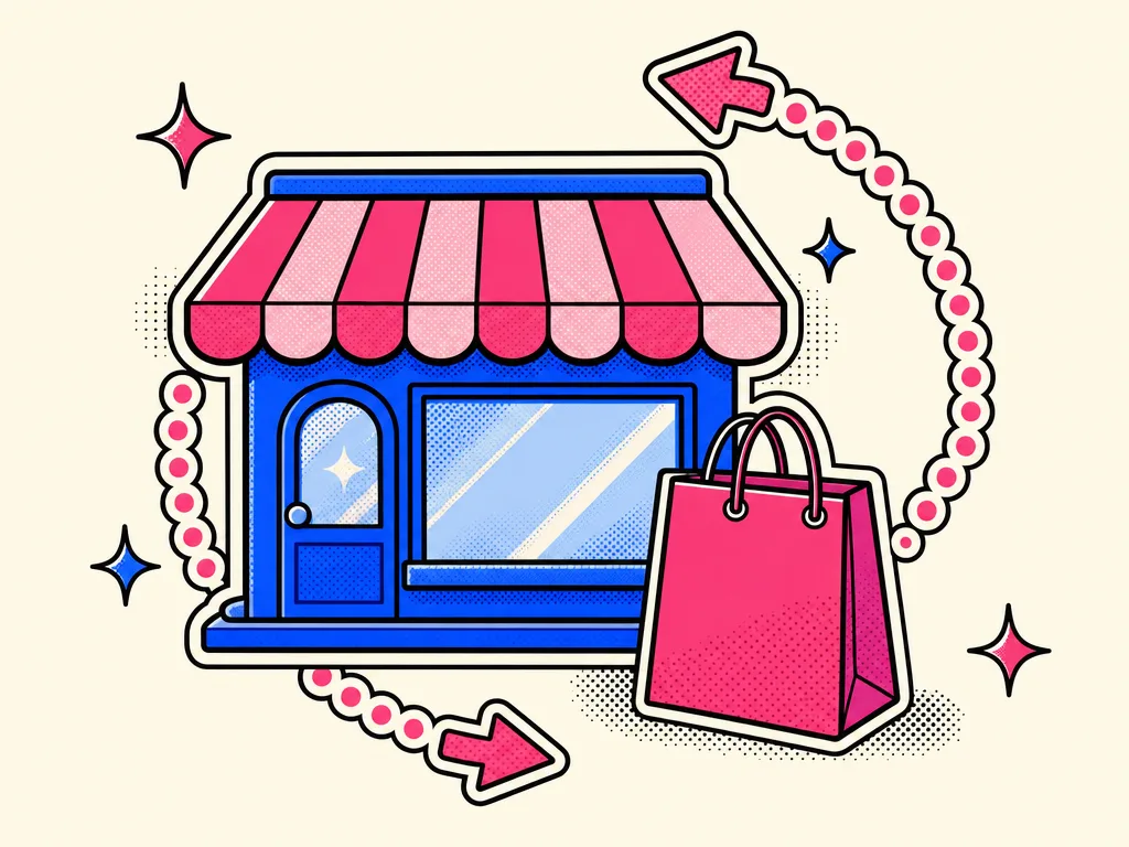 Retro illustration of a storefront with a returning-customer loop