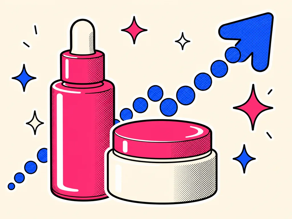Retro illustration of a skincare bottle with a rising sales chart