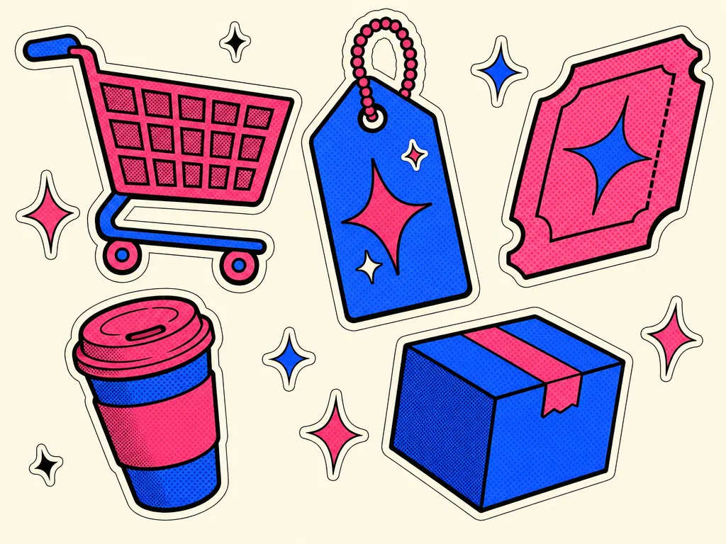 Retro sticker collage of ecommerce icons: cart, tag, ticket, coffee cup, and box