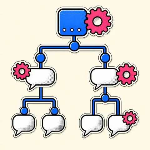 Retro illustration of an automated message flowchart with gears
