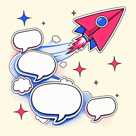 Retro illustration of a rocket launching text-message bubbles